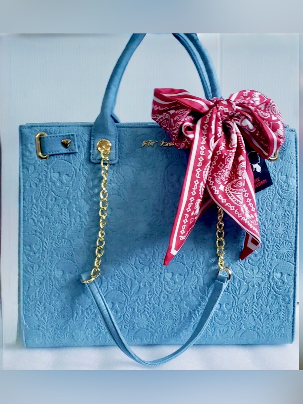 Betsey Johnson XOKiara Denim skull embossed tote plus bag charm and hair clip. - Picture 2 of 10